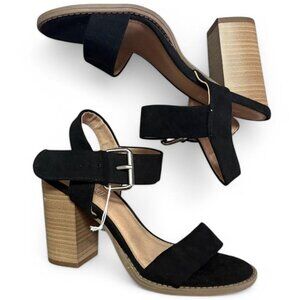 black suede wooden heels